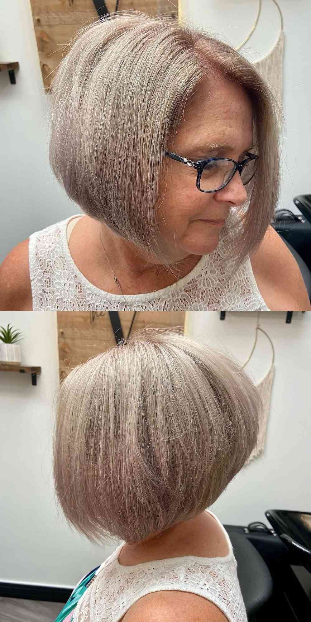 short stacked bob for women over 60 with glasses