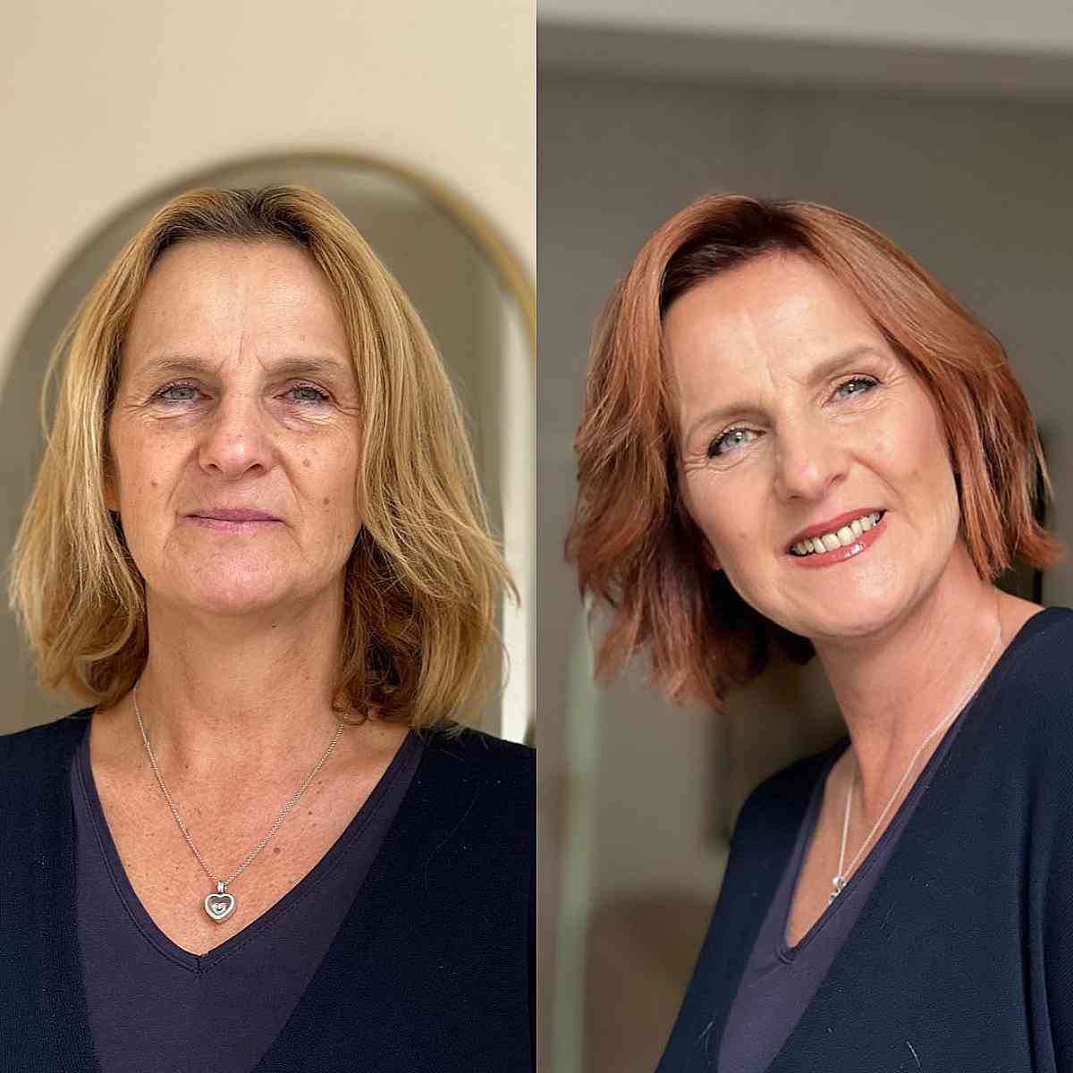 short to medium bob cut with subtle layers for a 50 year old