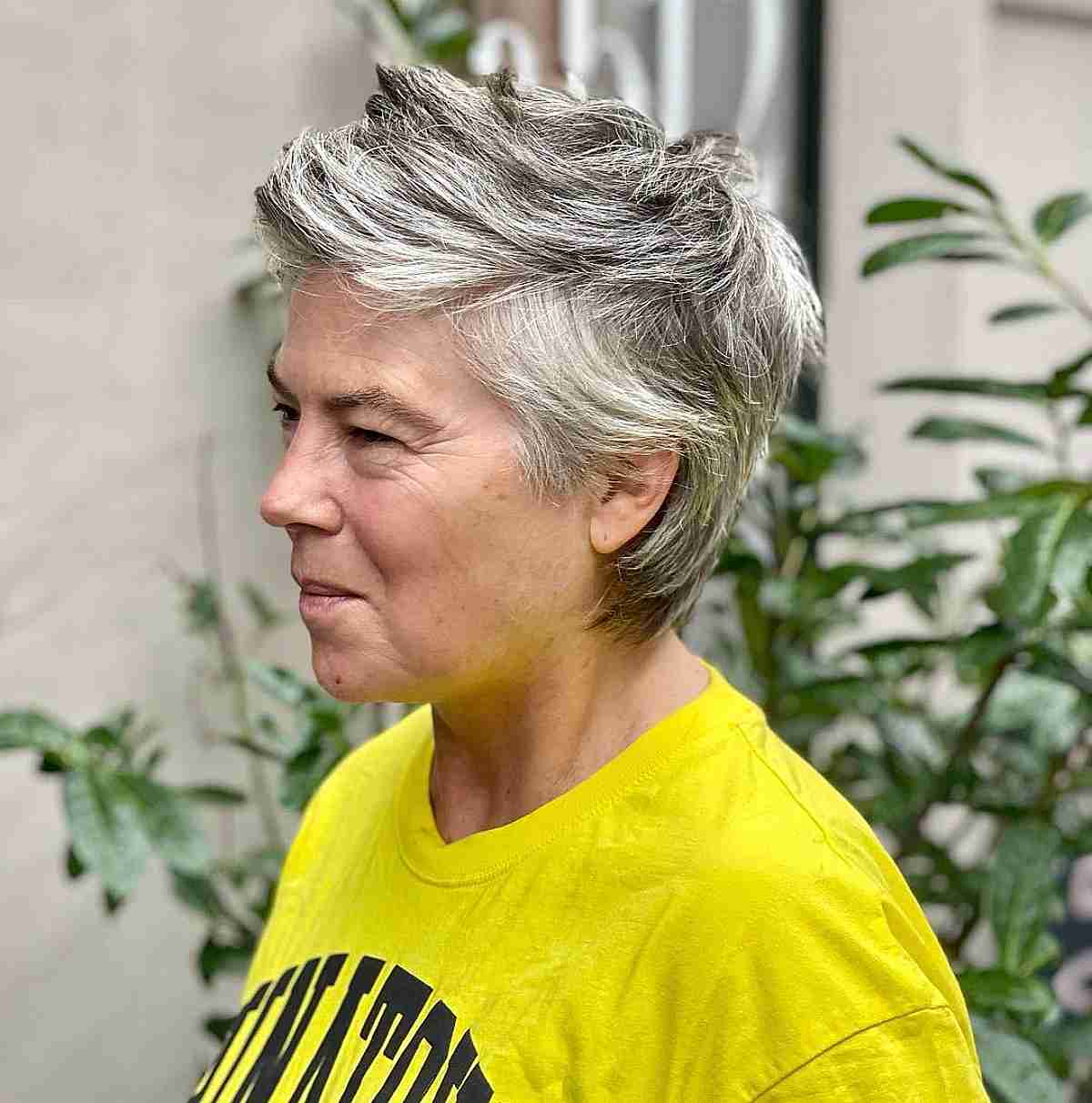 short tousled gray pixie with layers for women past 50