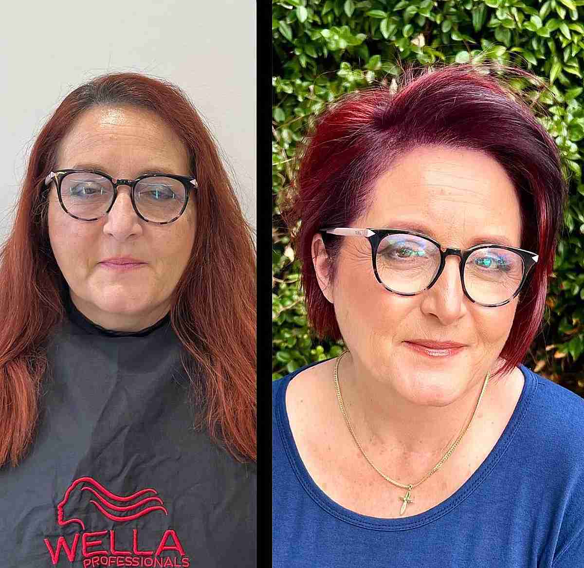shorter red sleek bob with a deep side part for a lady over 50