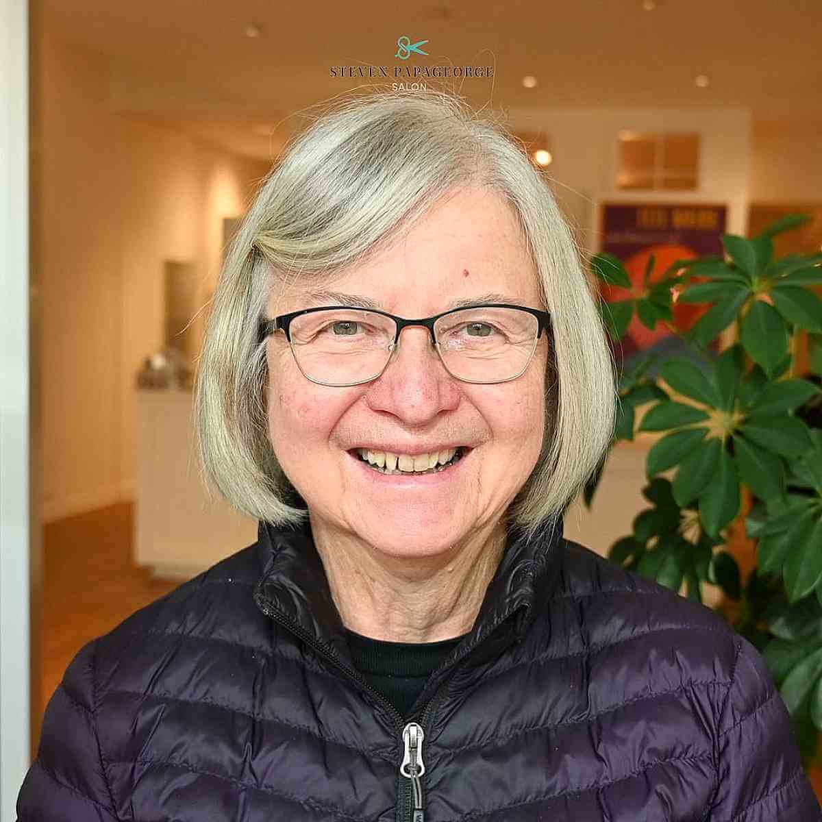 side parted bob on older women past 70 with glasses