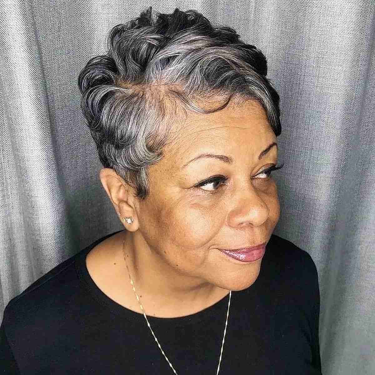 side parted wavy pixie haircut for older black women