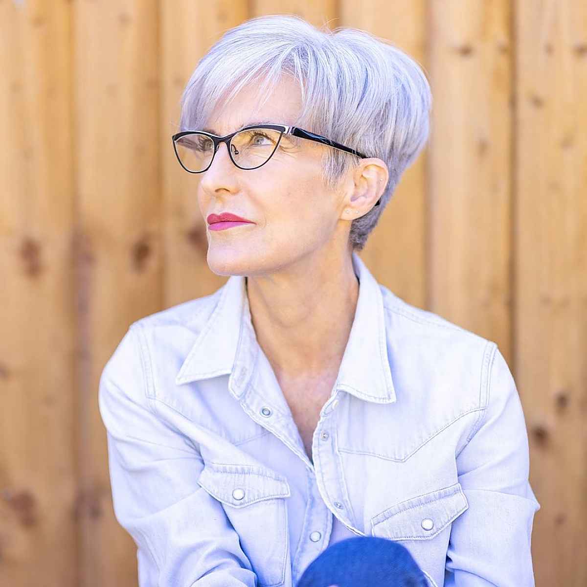 silver long pixie for mature ladies with glasses