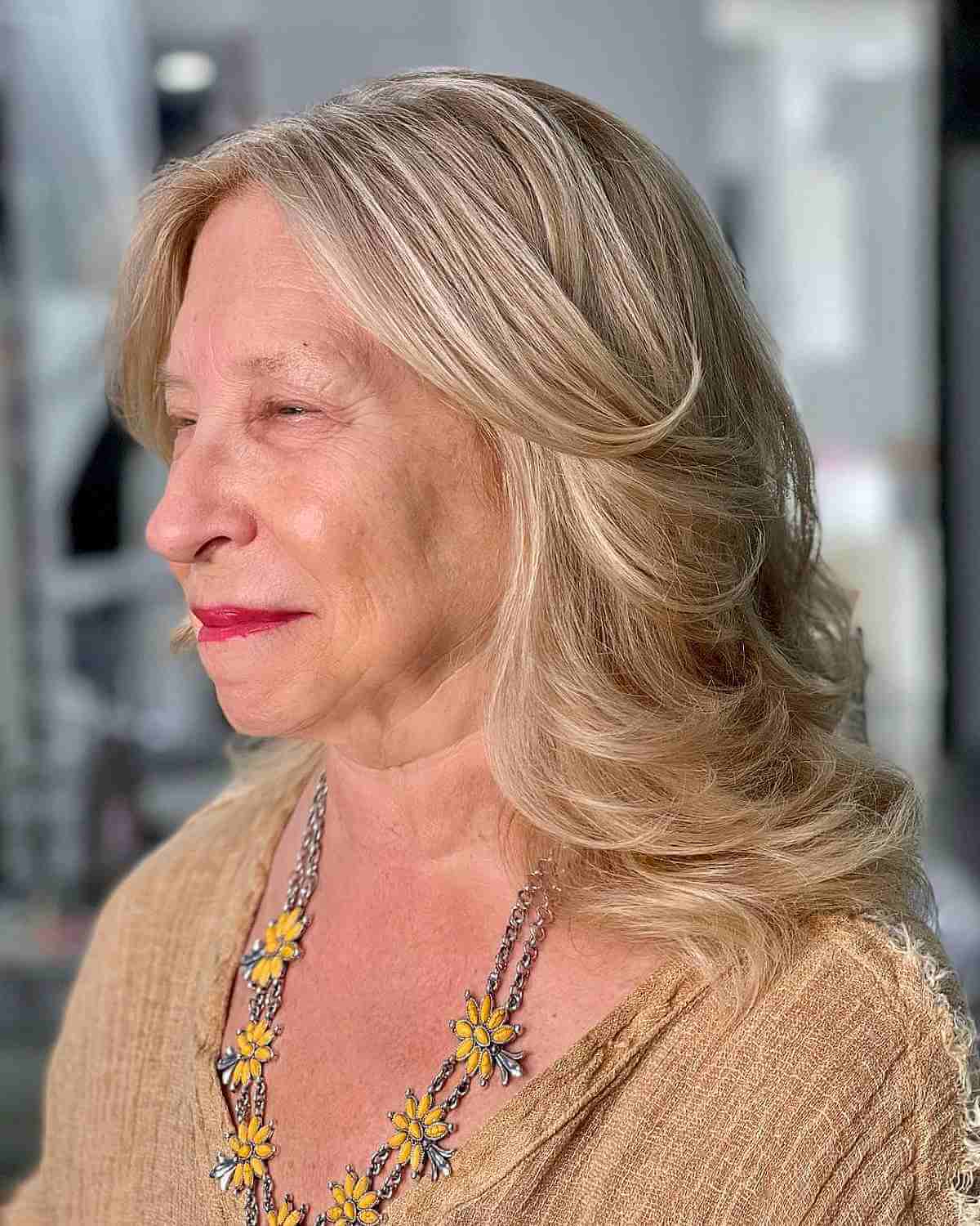 soft medium blonde curled ends for sixty year olds