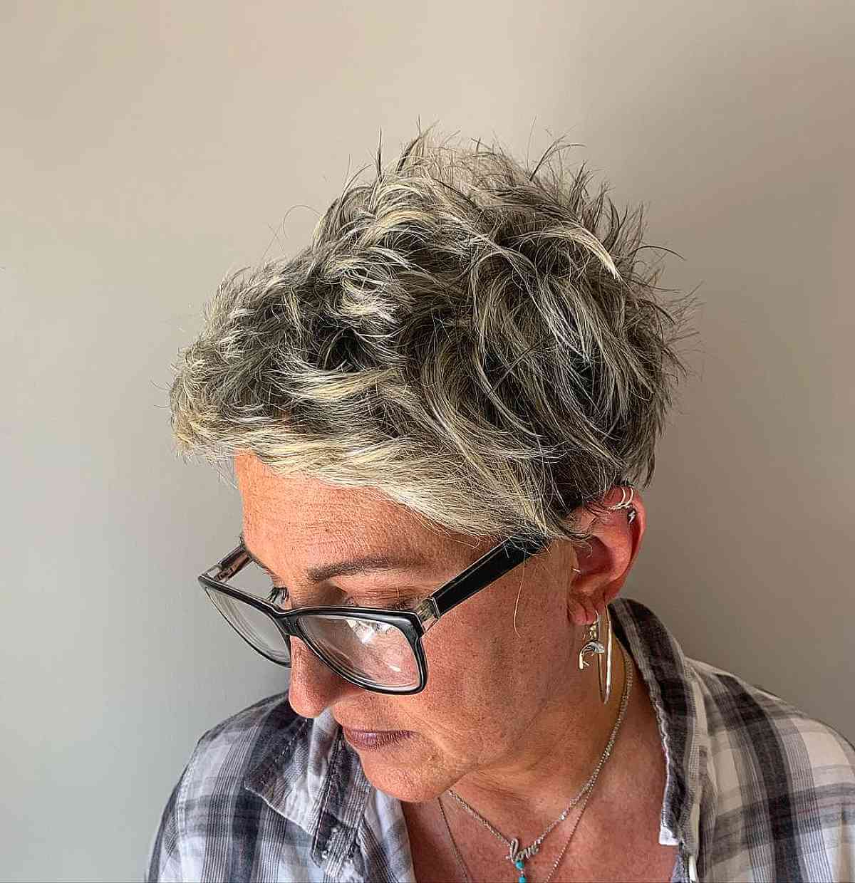 spiky pixie for older women past 60 with glasses
