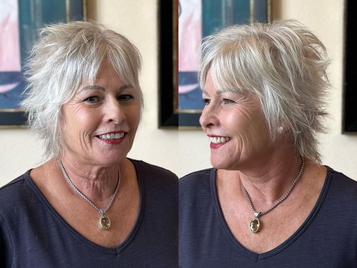 spiky style on edgy long pixie hair with curtain bangs for ladies 60 and up