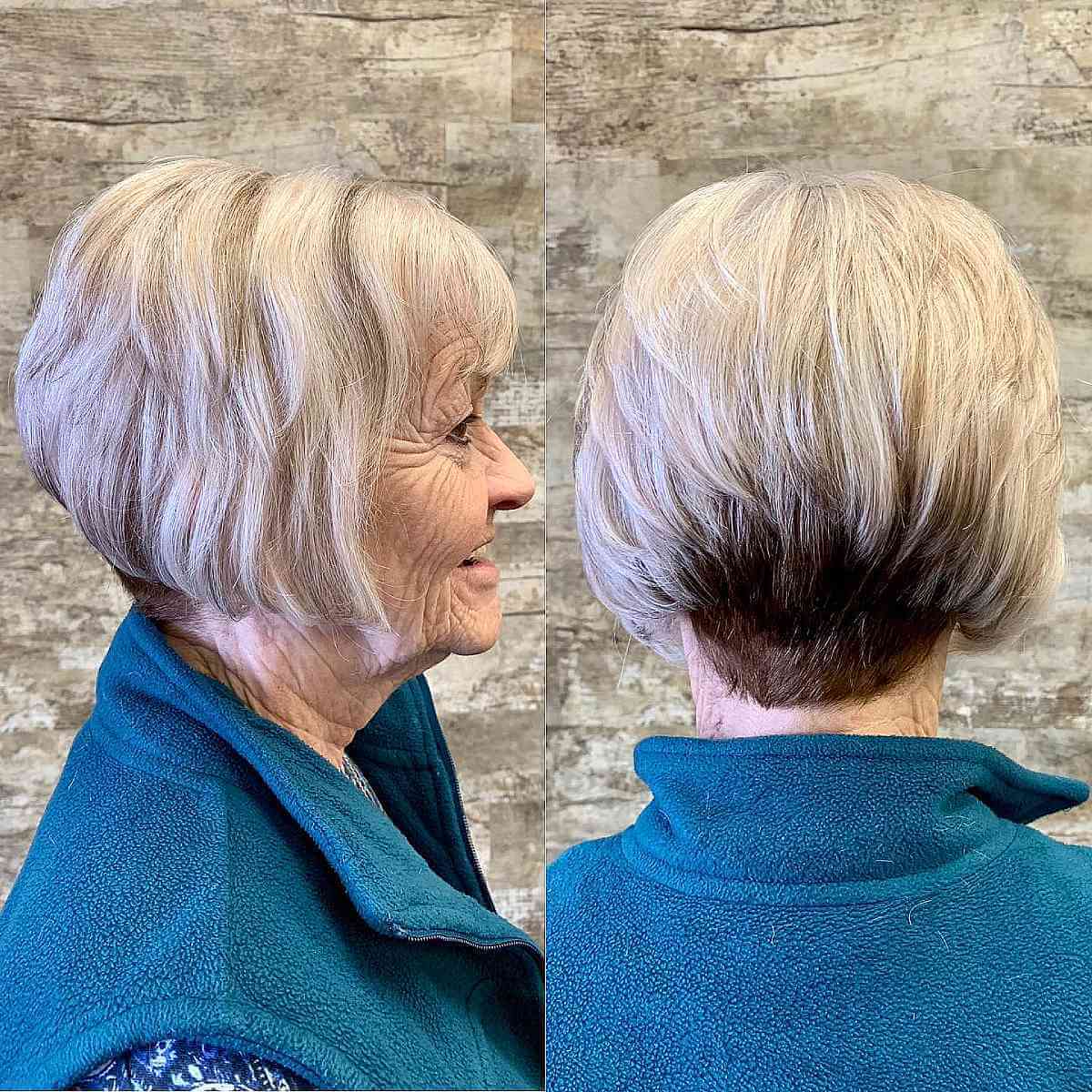 stacked layered bob with highlights and lowlights for 70 year olds