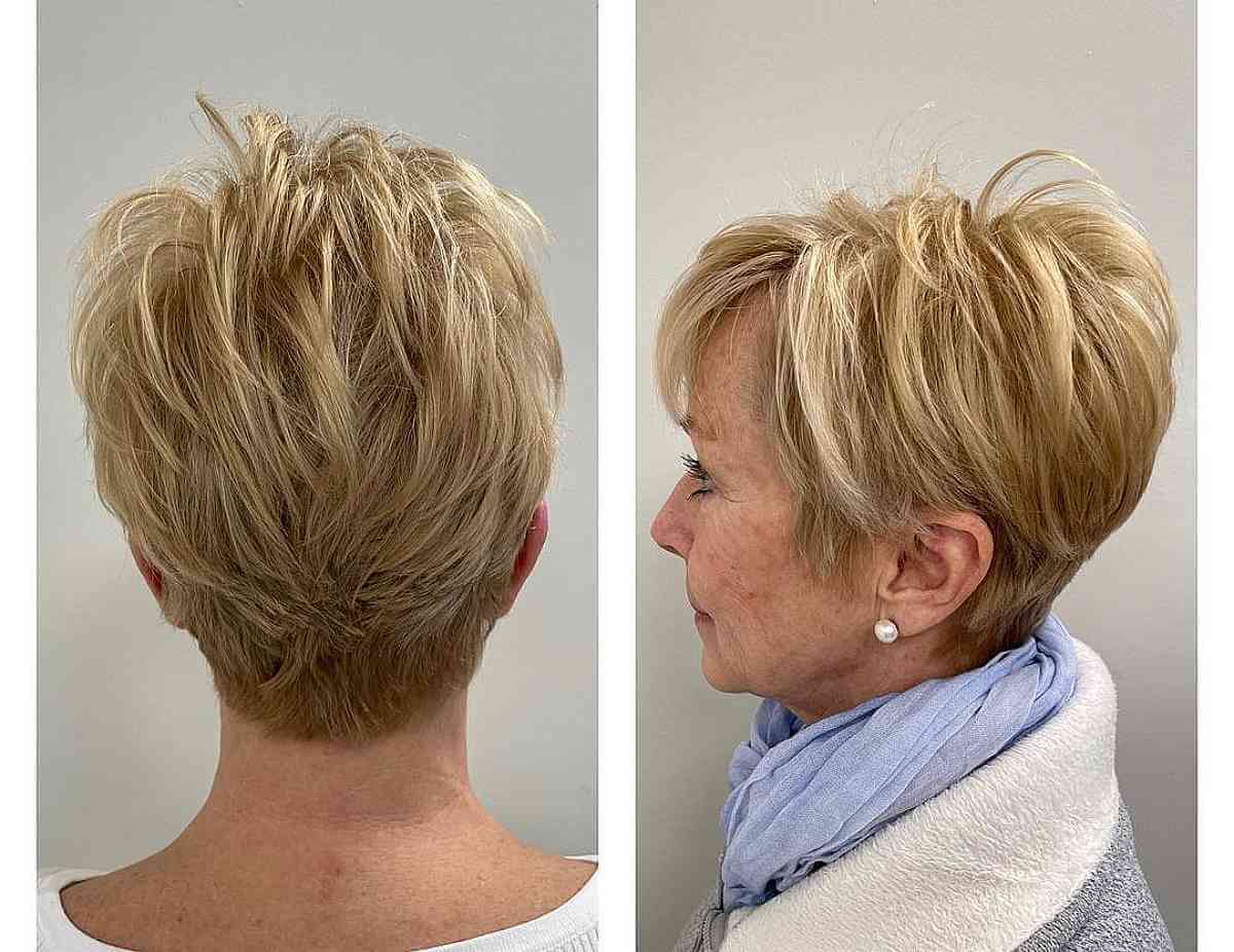 stacked pixie with feathered layers for a lady in her sixties