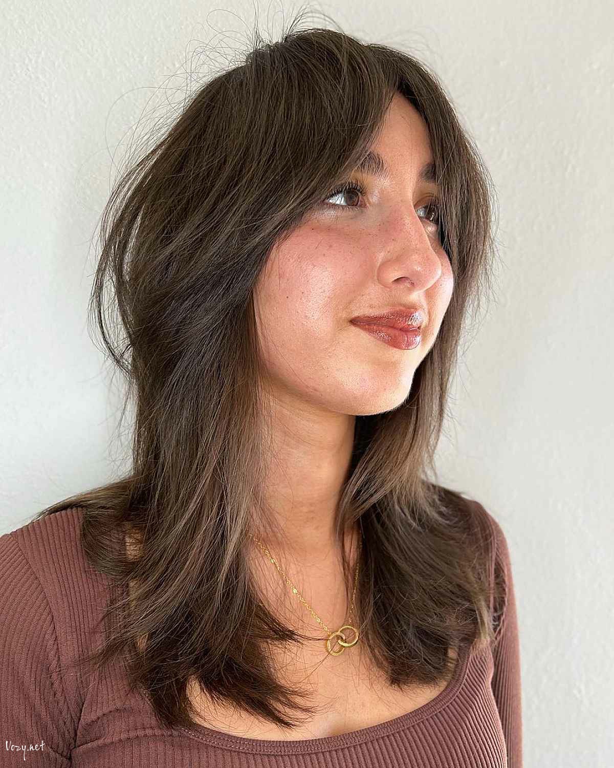 textured curtain bangs with layers