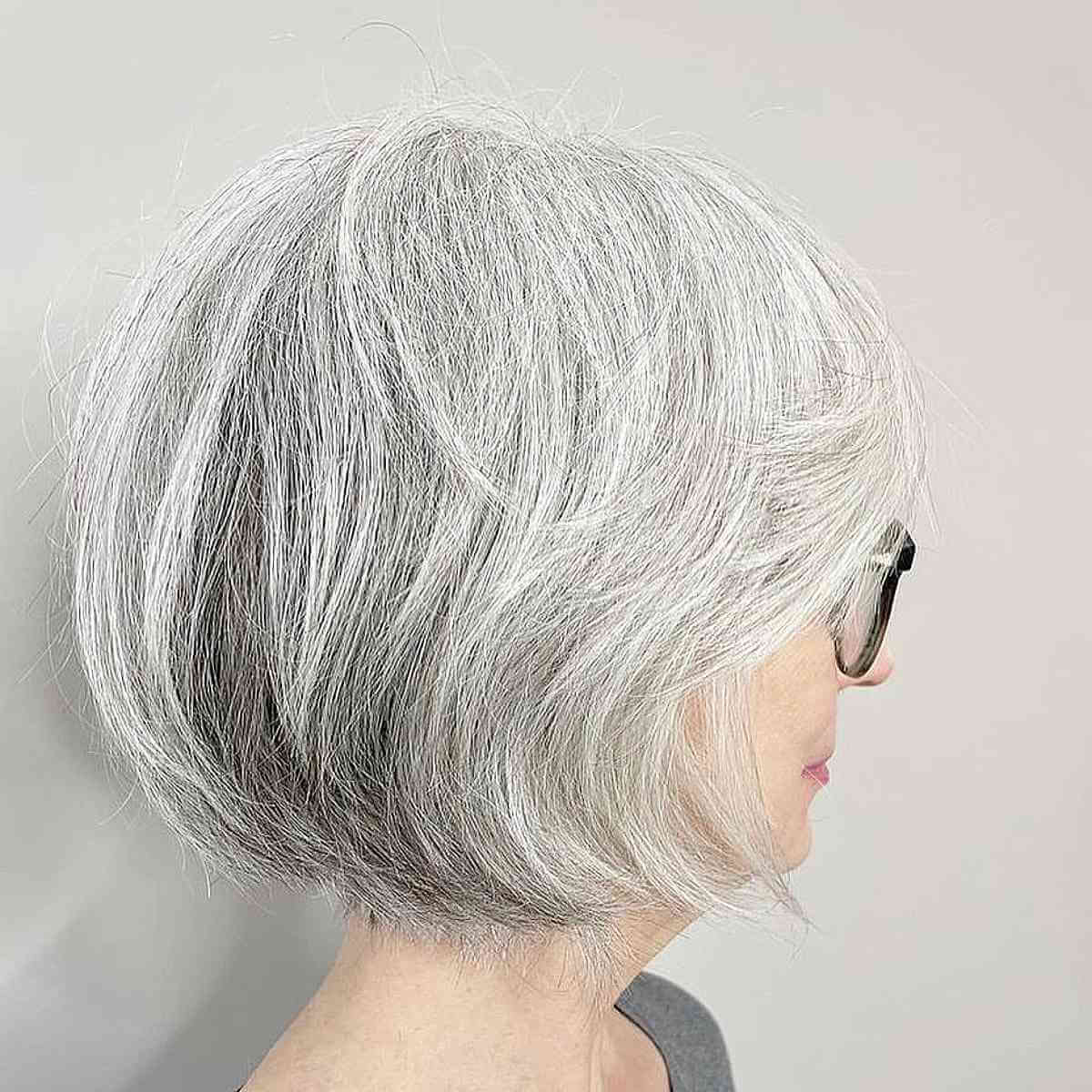 textured shaggy bob on grey hair for women 70 and over