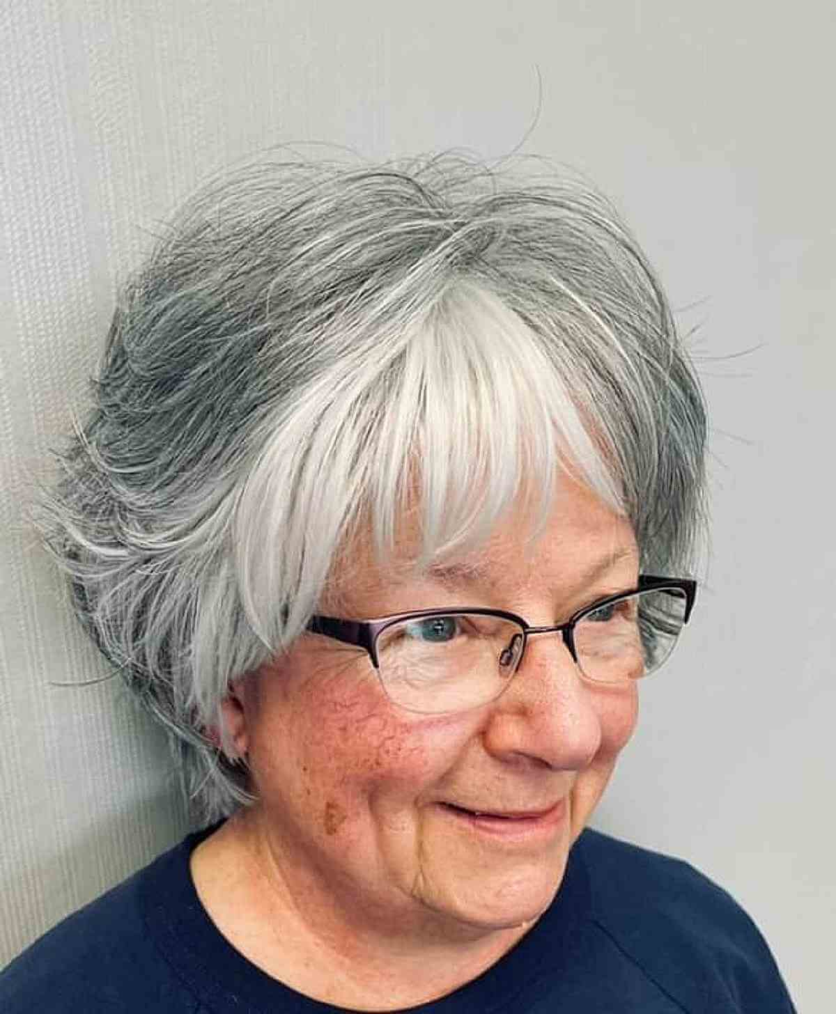 tousled bob with bangs for plus size women over 60s with grey hair