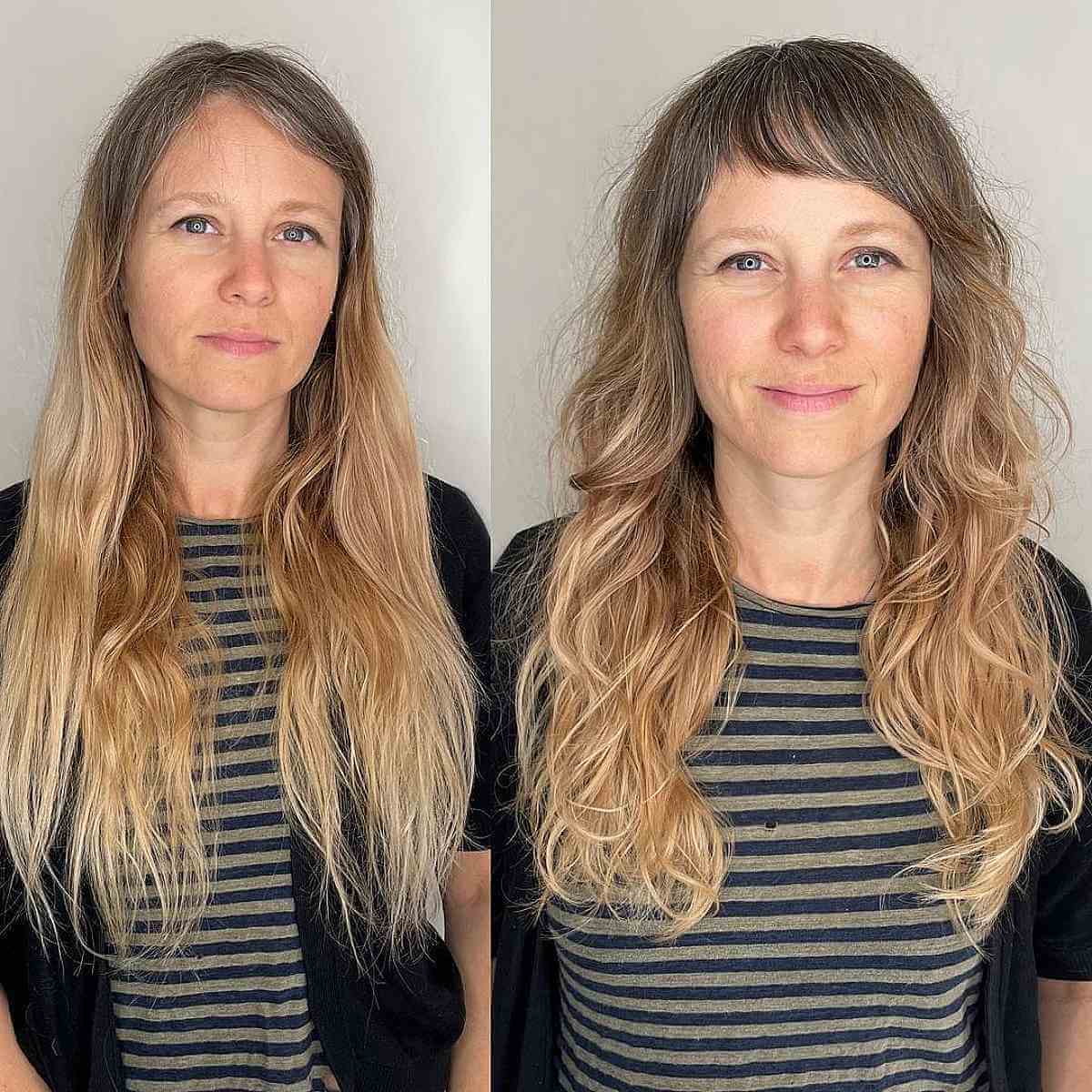 tousled long wavy shag with short bangs for women aged 40