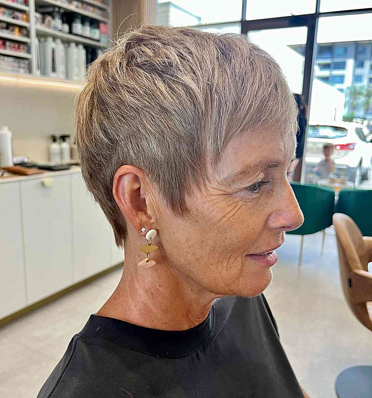 wash and wear cute long pixie with bangs for ladies past 60