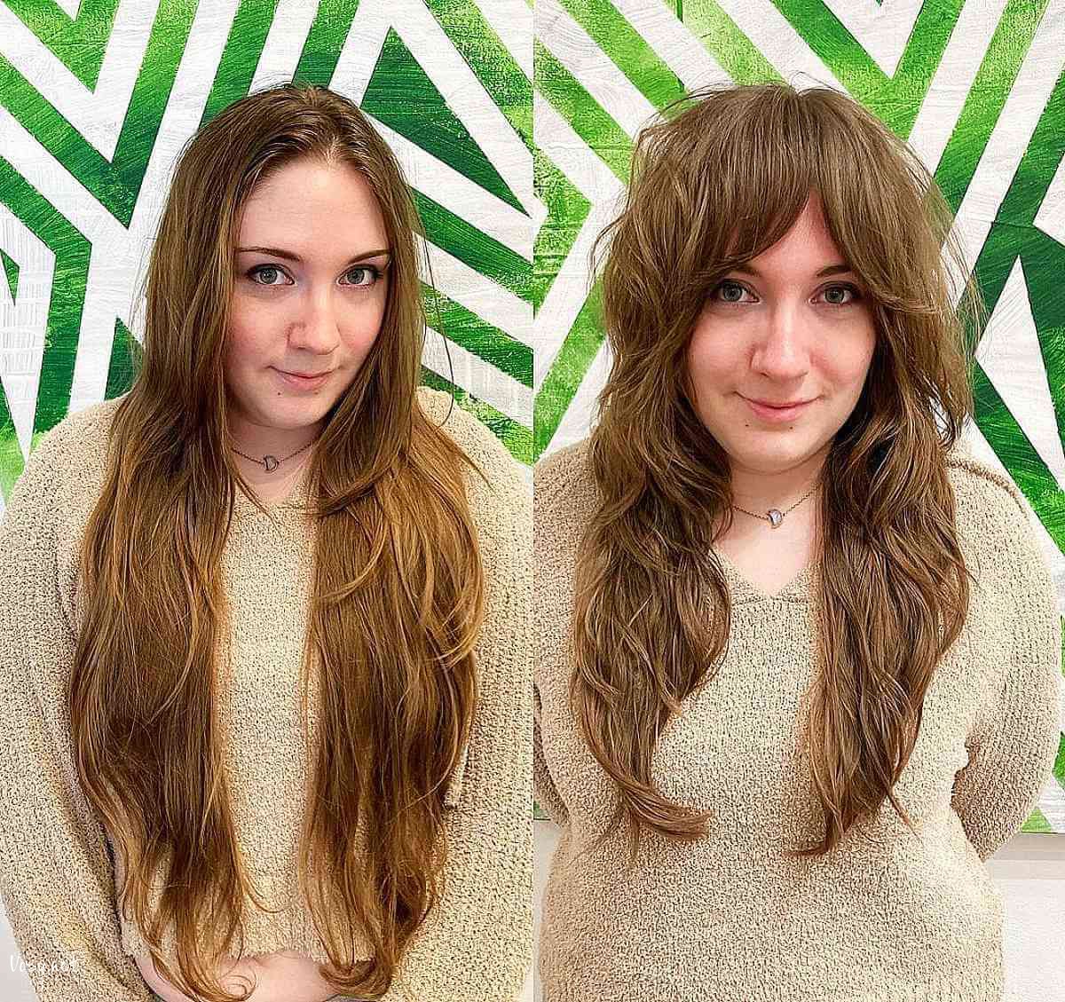 wavy hair with shaggy layers and bangs