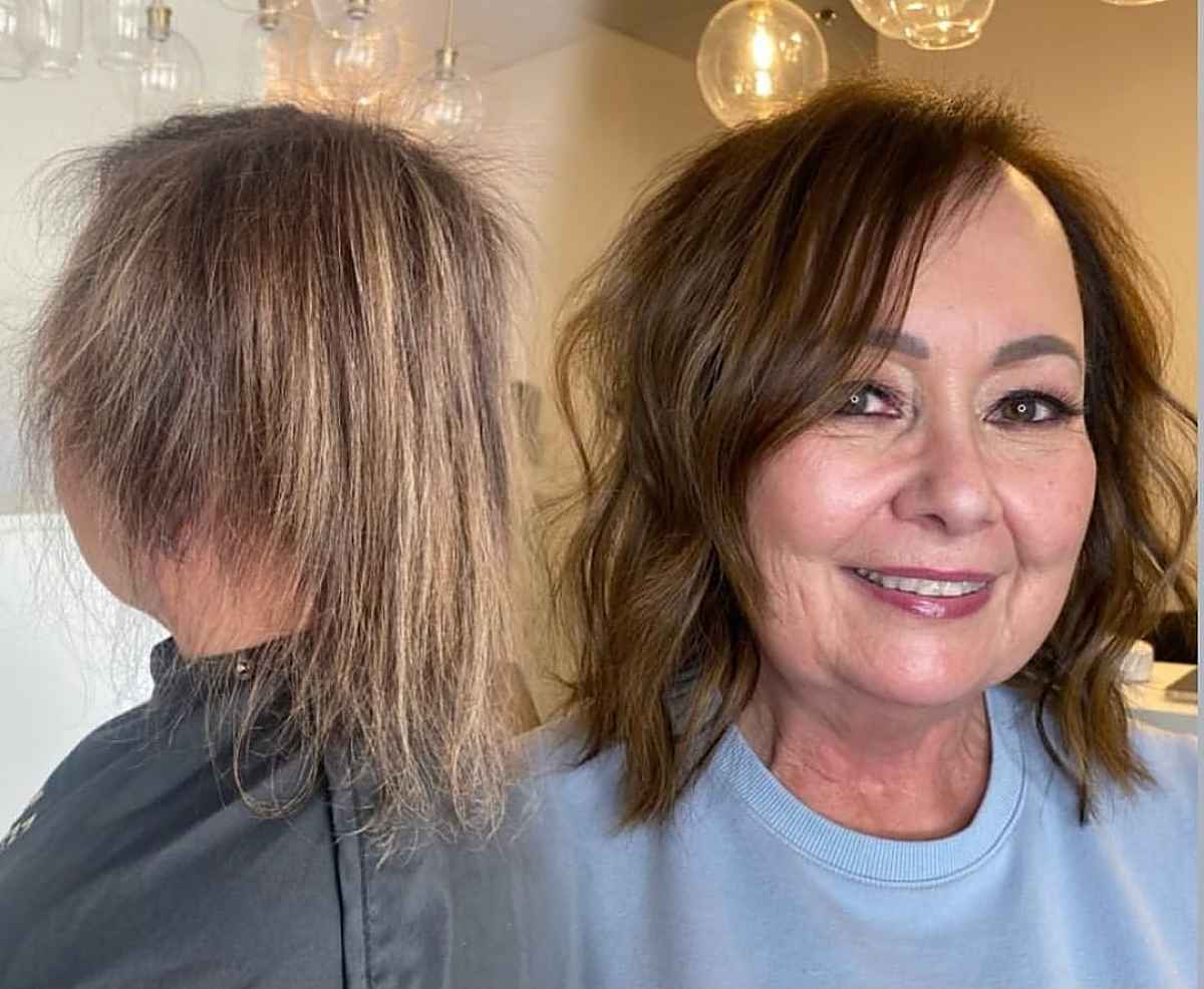 wavy layered bob for 60 year old ladies with side bangs