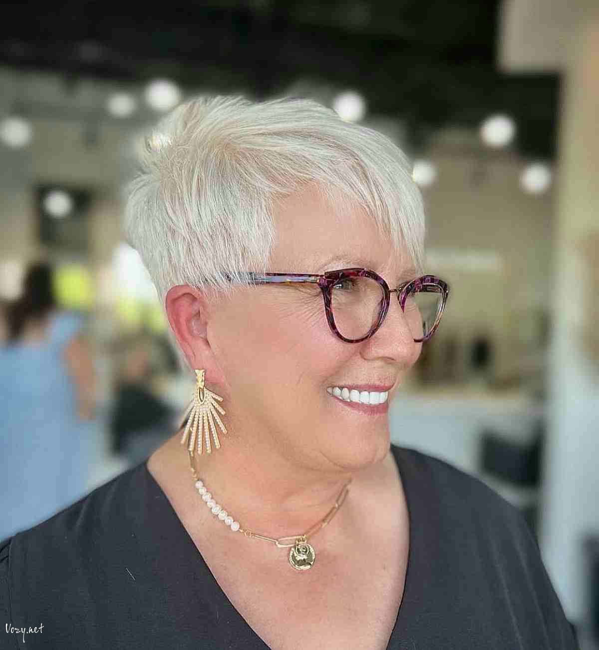 white pixie with side bangs and glasses for 50 year olds