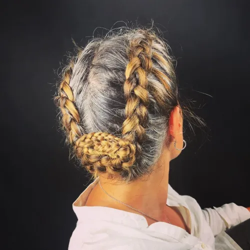 14 two dutch braids blending a gray and dyed hair demarcation line