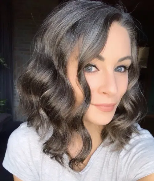 2 ashy brown wavy lob for growing out gray hair
