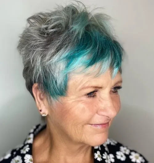 Catchy Short Gray Cut with Turquoise Bangs