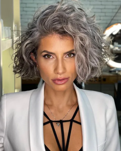 Gray Curly Bob with Side Part