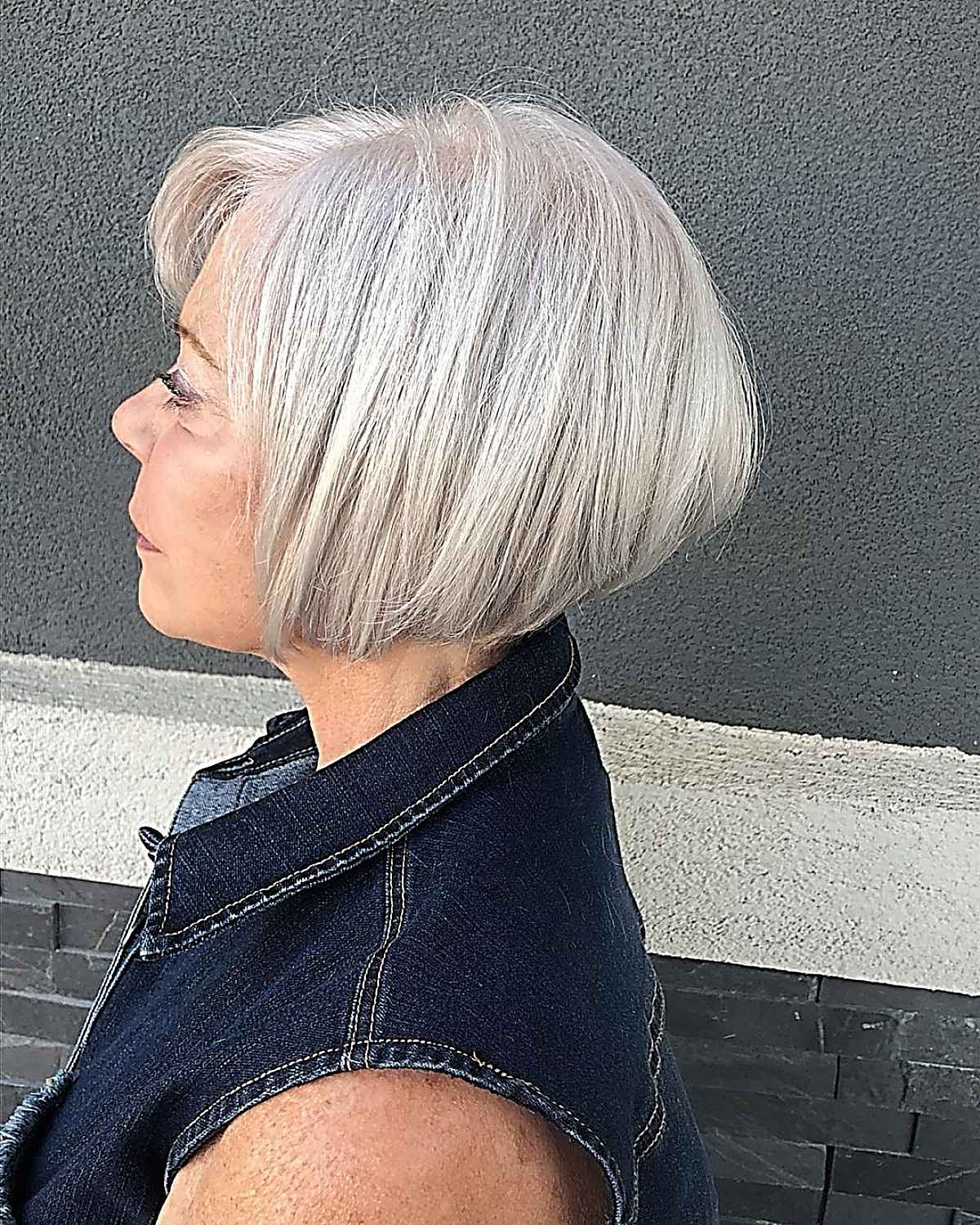 a nicely inverted stacked wedge for a woman over sixty years old