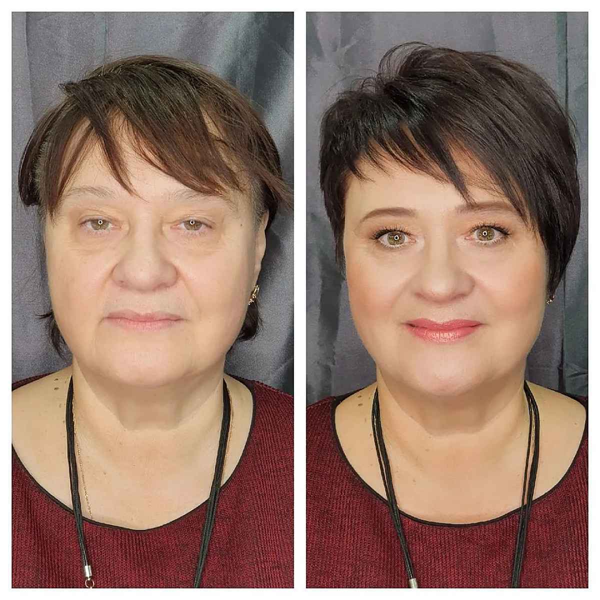 asymmetrical bangs on thin pixie hair for woman over 50