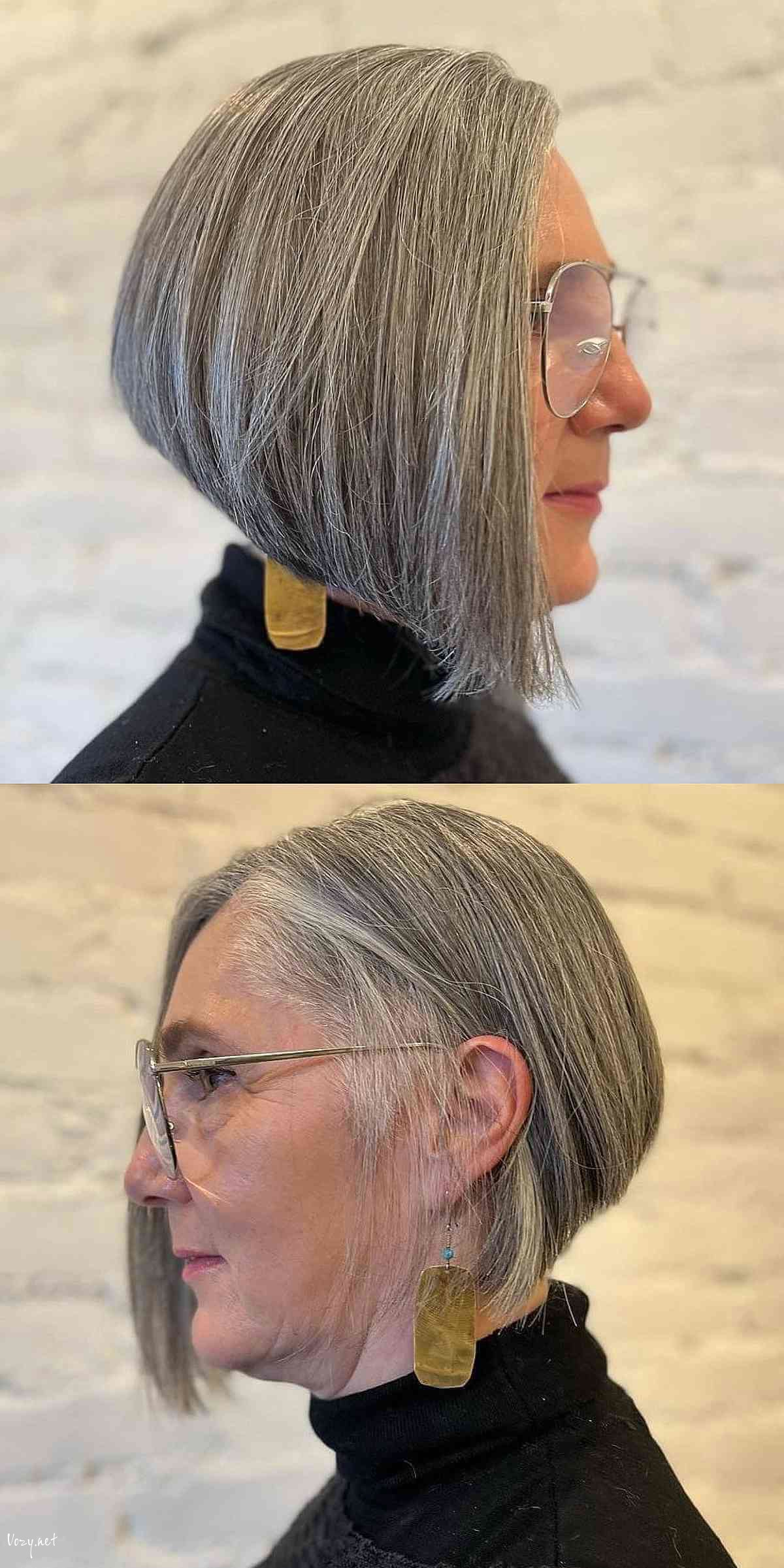 asymmetrical bob for older women past 50 with glasses