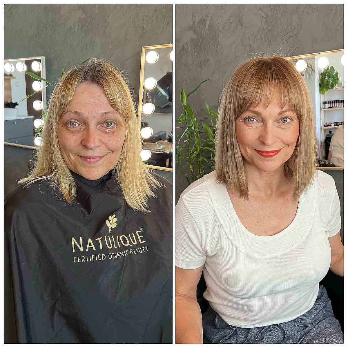 before and after sleek bob with bangs for women over fifty