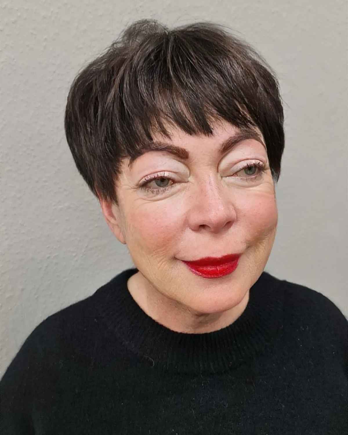 bowl cut pixie for woman over 50 with thin hair