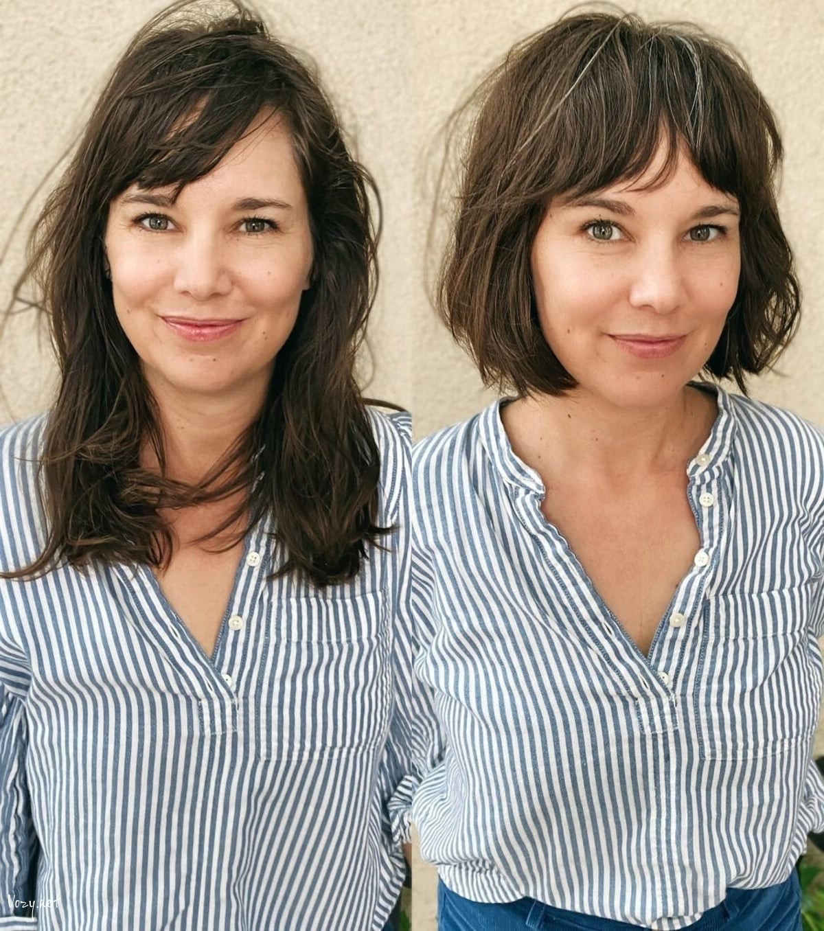 brown bob cut with curtain fringe