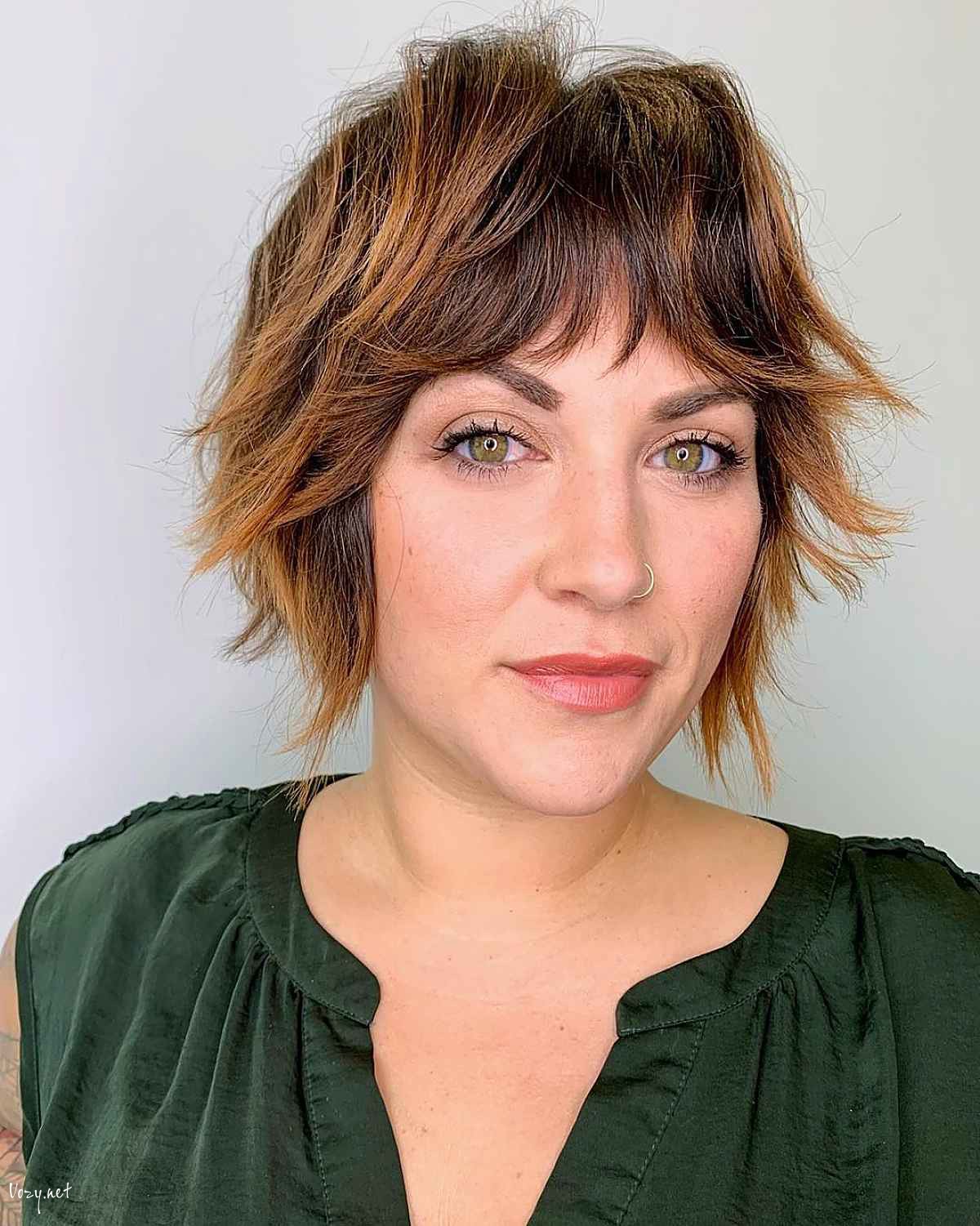 chin length shag bob with fringe bangs