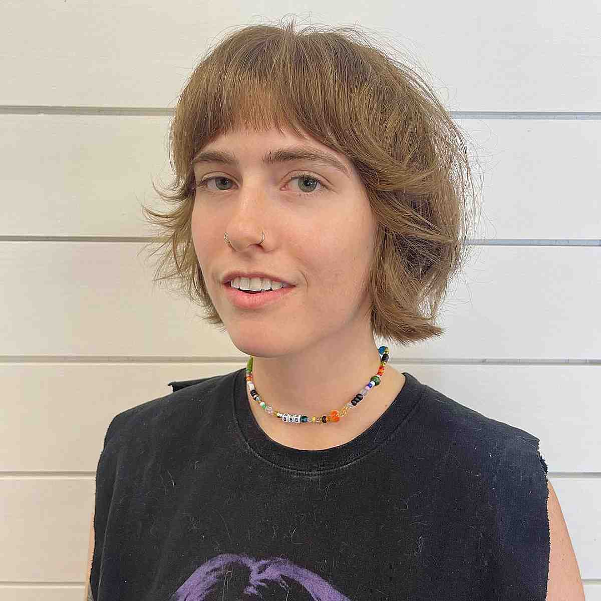 chin length shag with blunt bangs for thin hair
