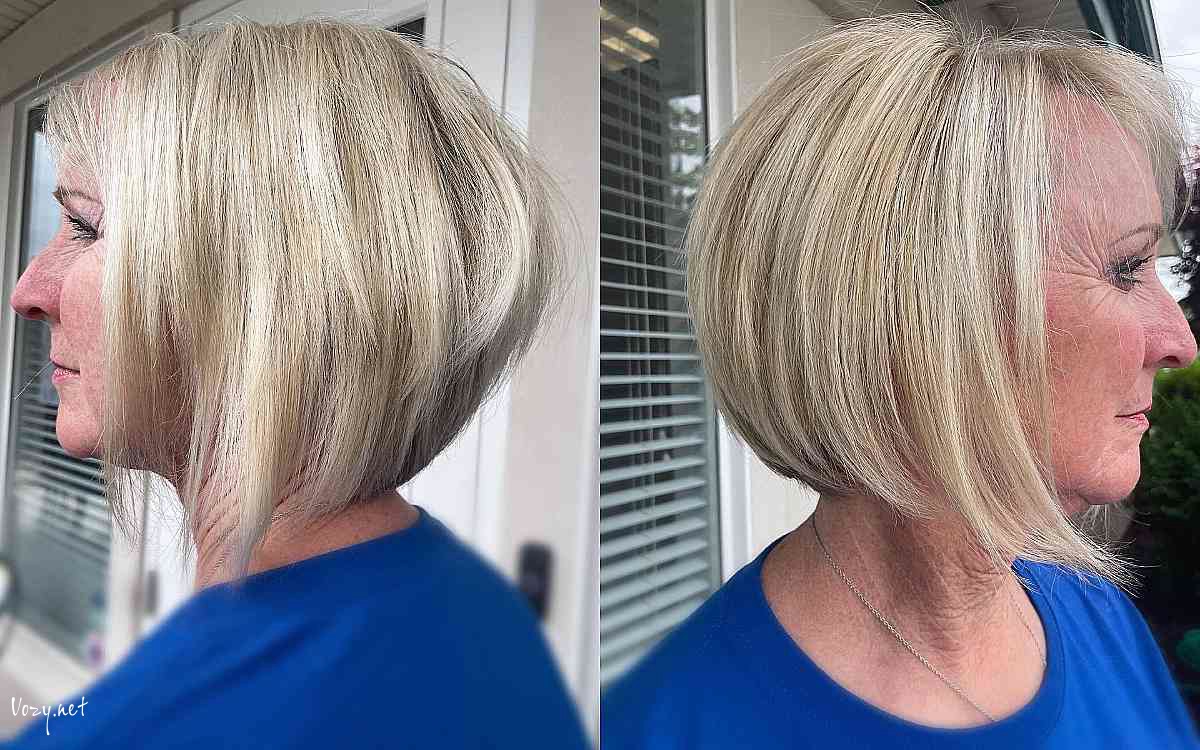 classic inverted cut on short blonde hair for ladies 50 and over