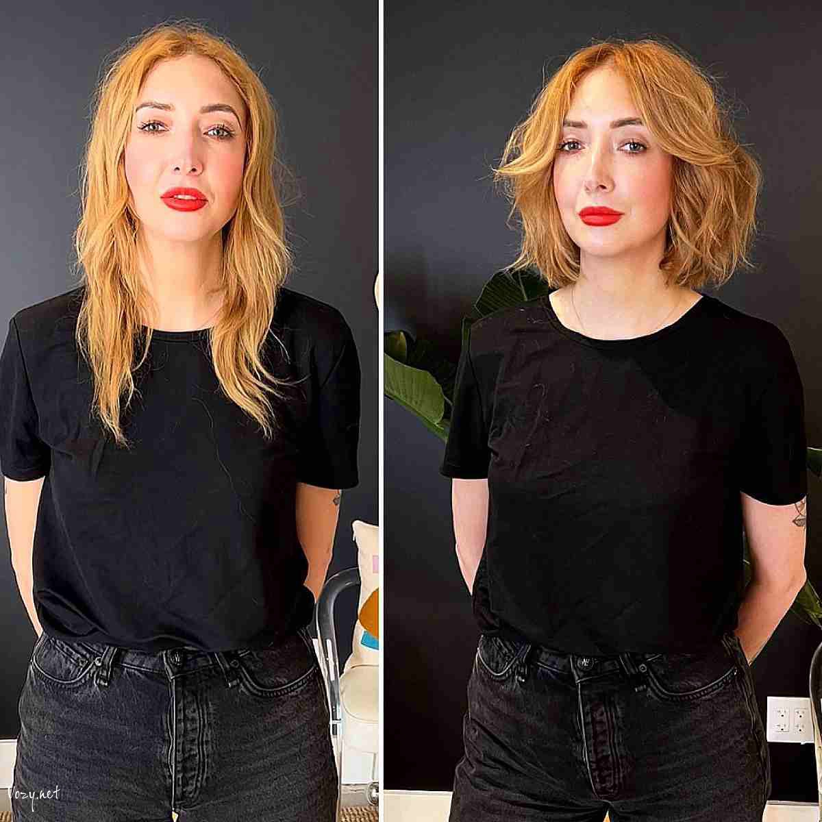 copper bob with curtain bangs and waves