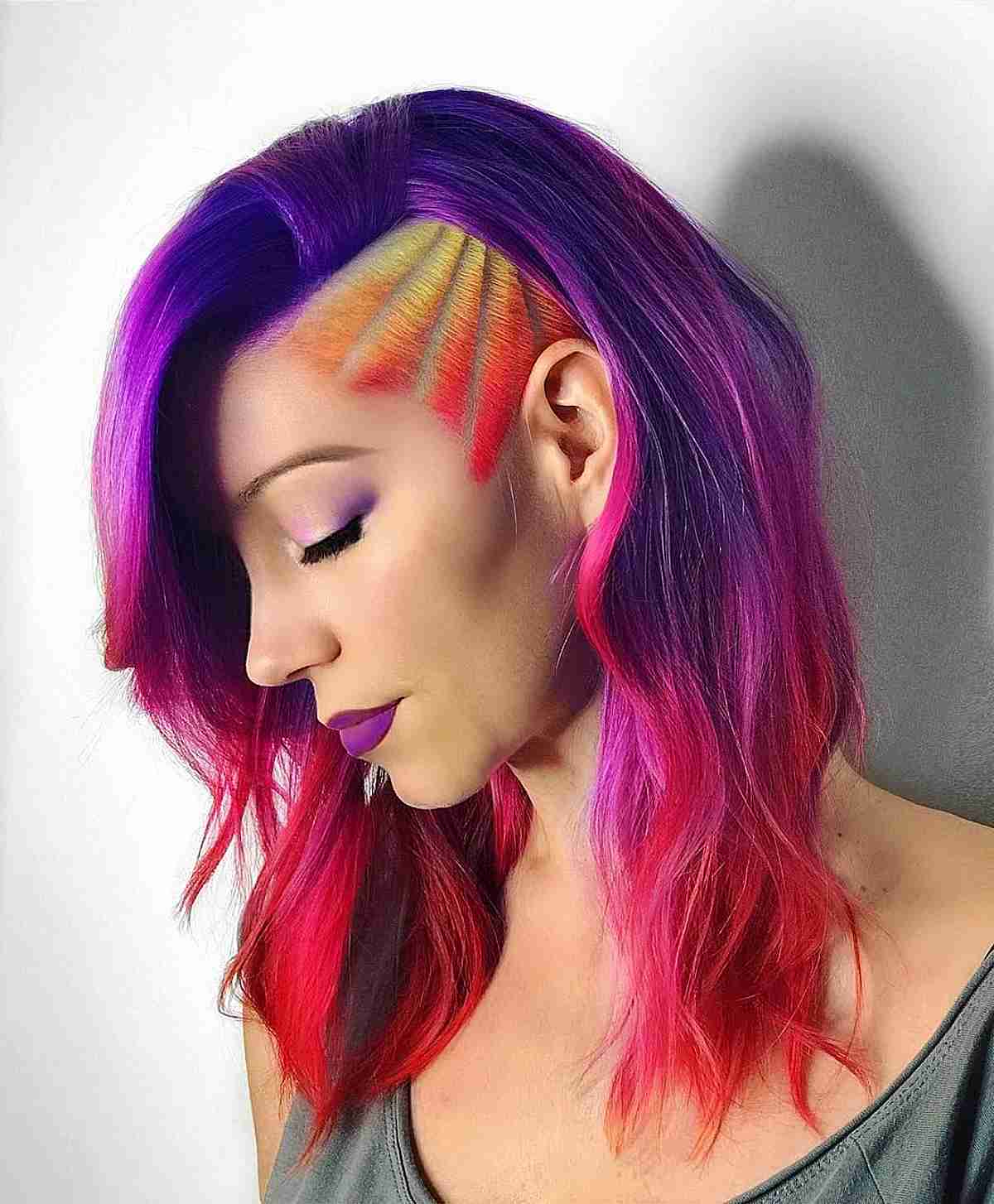 edgy medium length rainbow hair with shaved designs