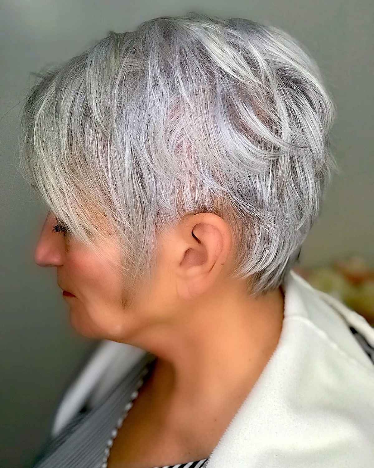 feathered pixie on women over 50 with thin silver hair