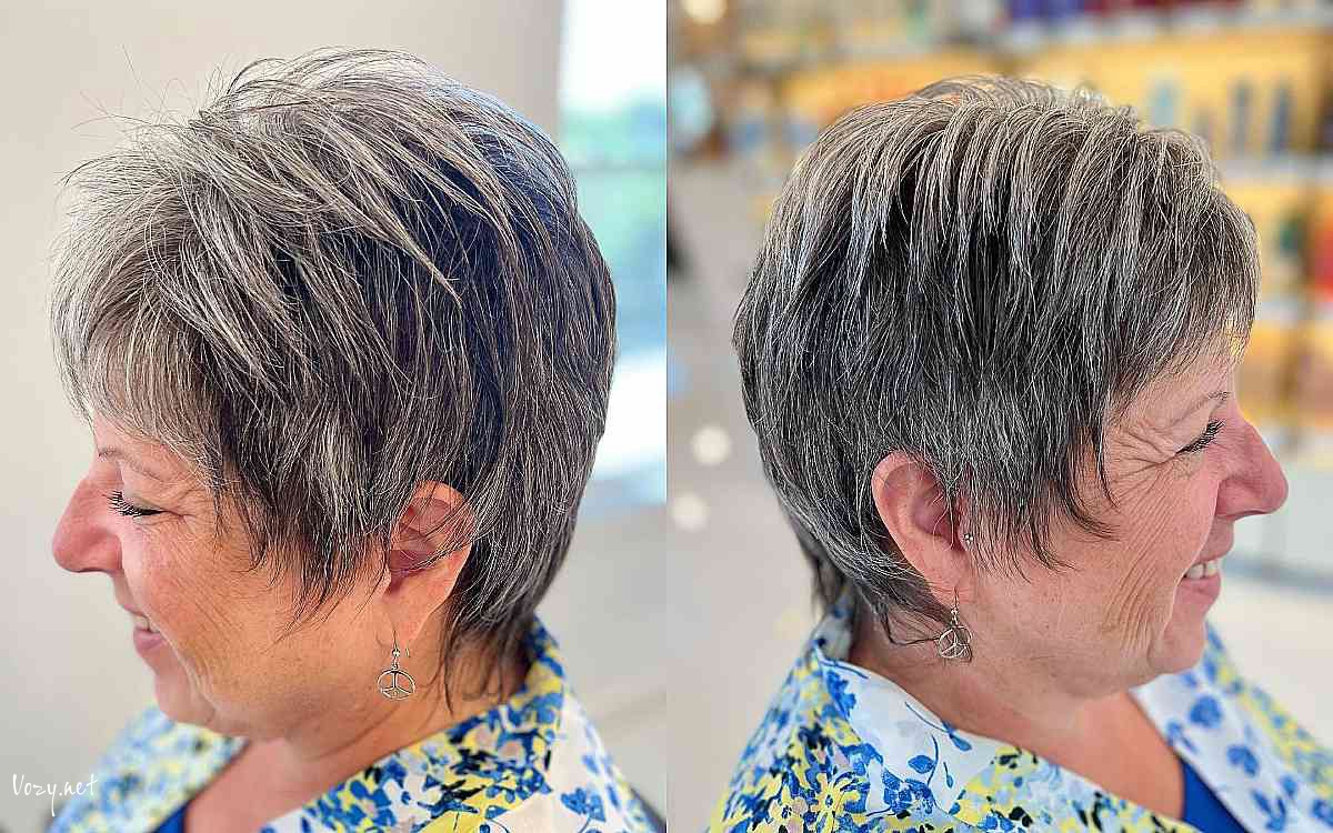 grey pixie with shaggy layers for women in their 50s