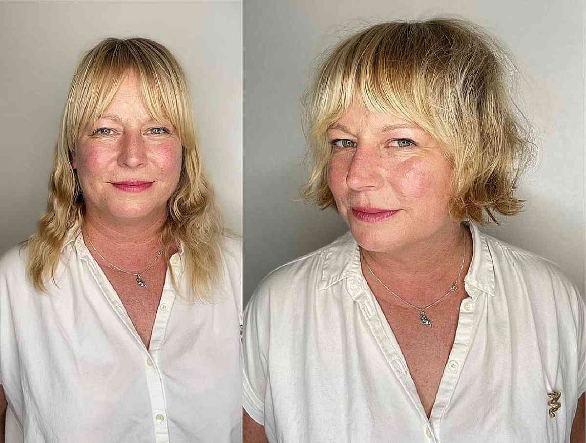 jaw length blonde shag for women aged 50 with thin hair