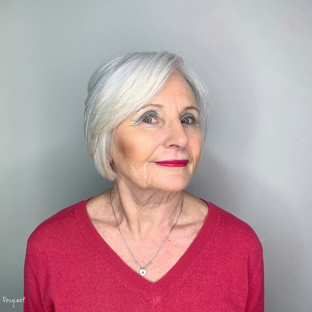 layered blonde bob for over 50 women with round face