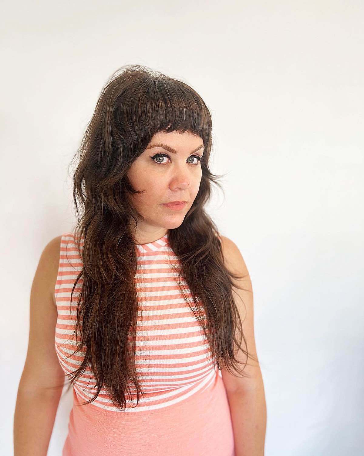 long shag with micro bangs