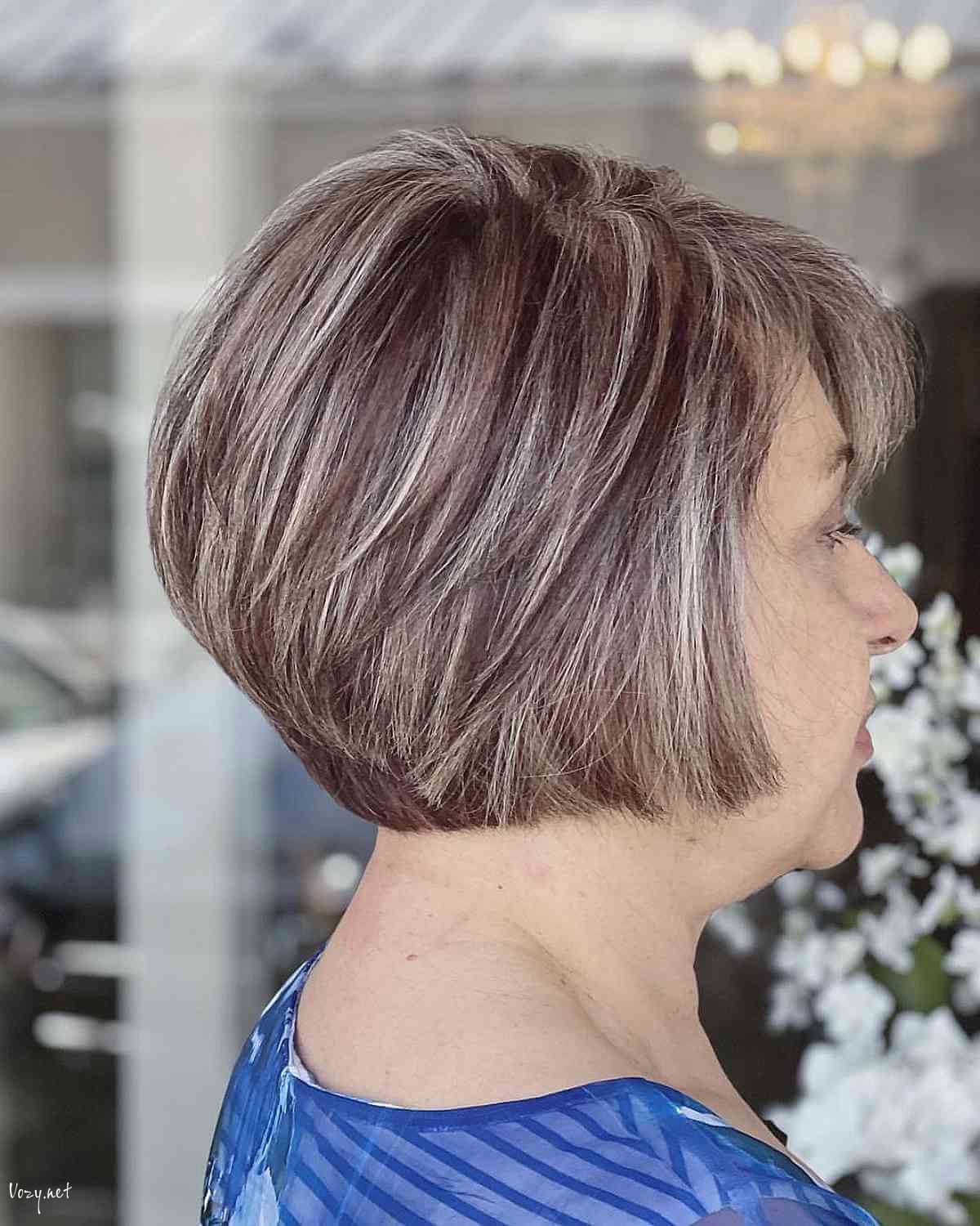 low maintenance short stacked bob with wispy layers for 50 year olds