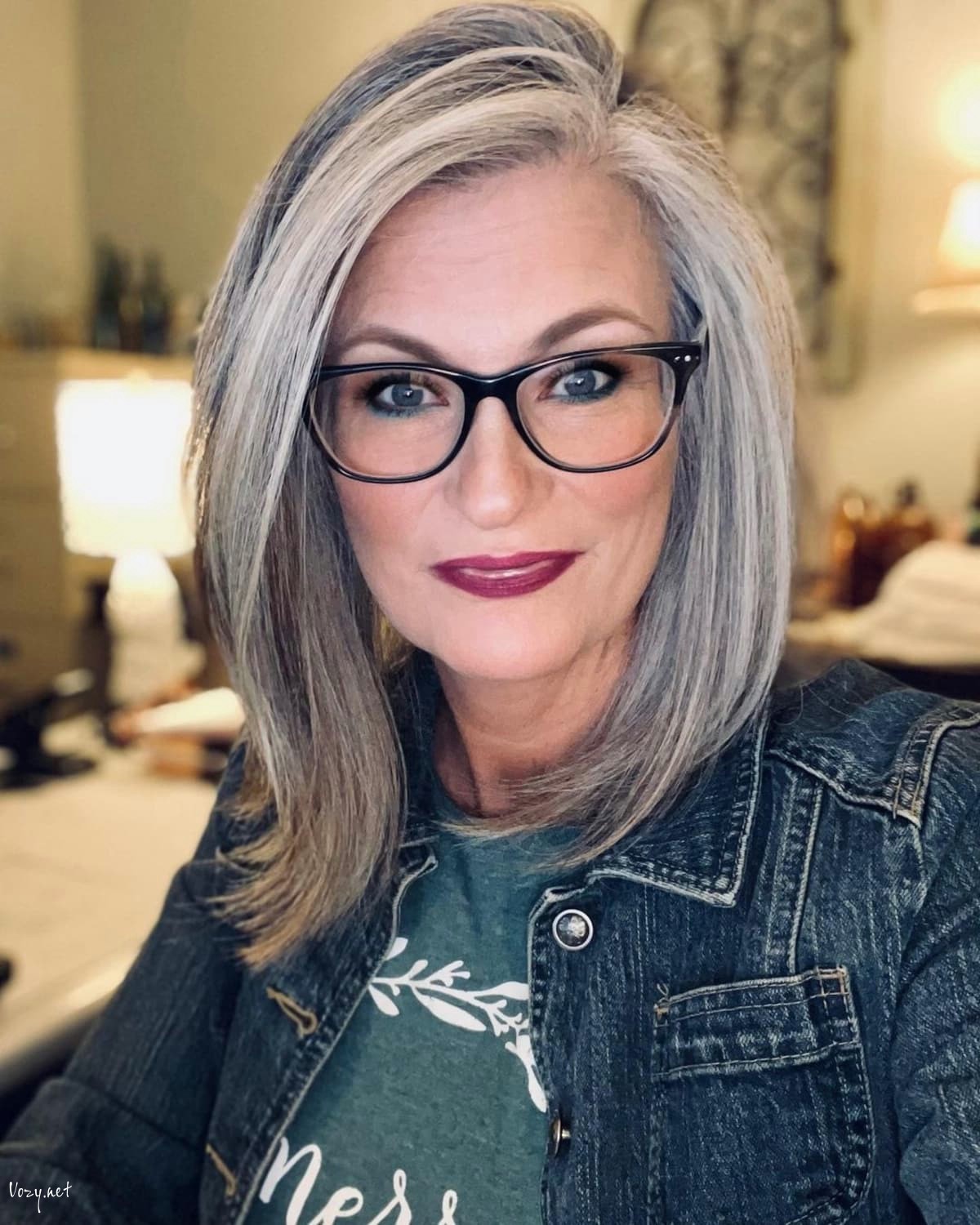medium length bob with layers for older women with glasses