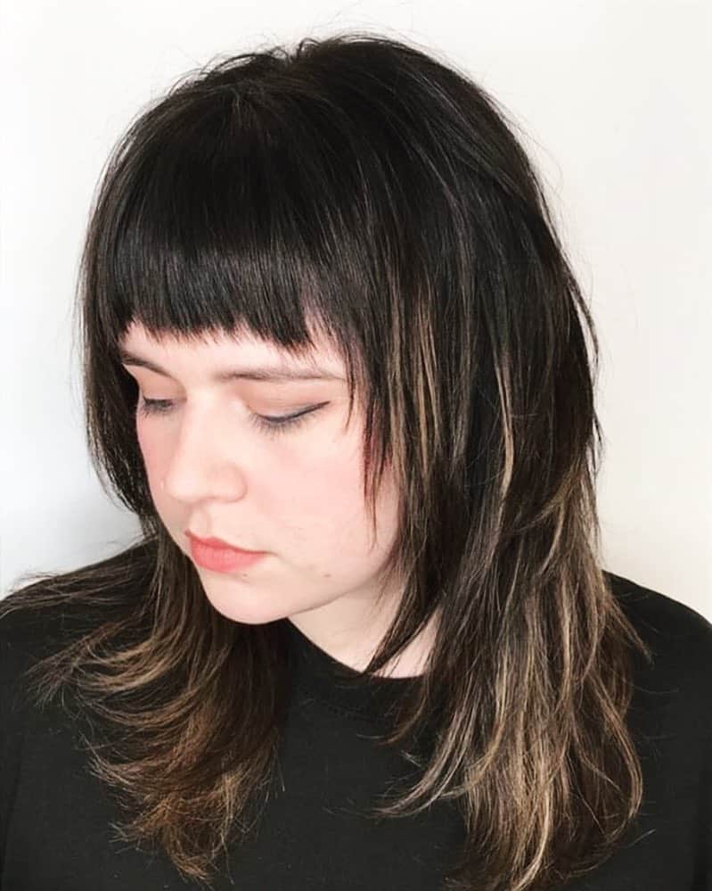 medium length cut with thick bangs