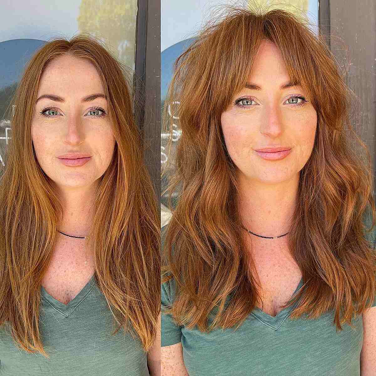 messy layered cut with middle part bangs for oval faces