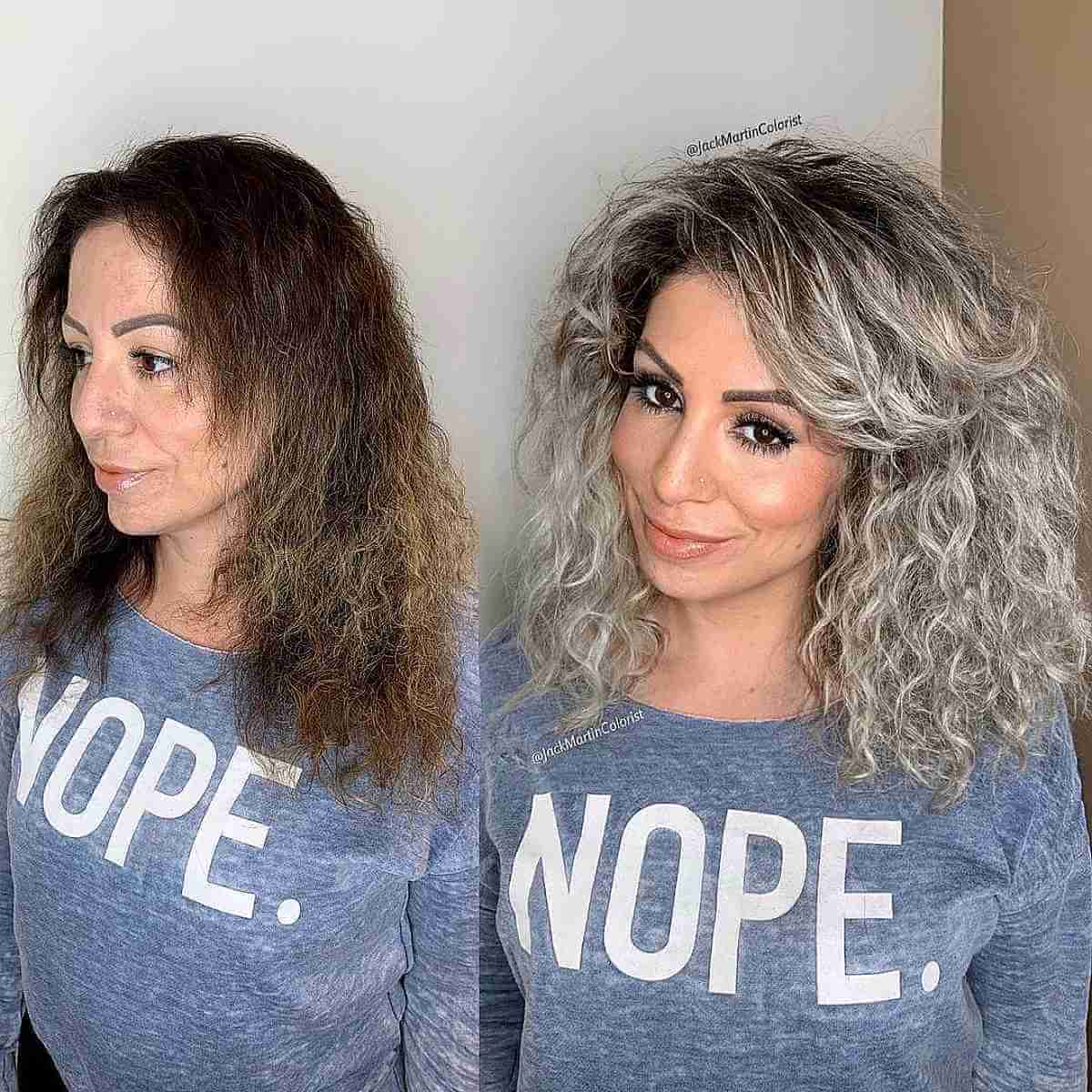 mid length curls with grey ombre
