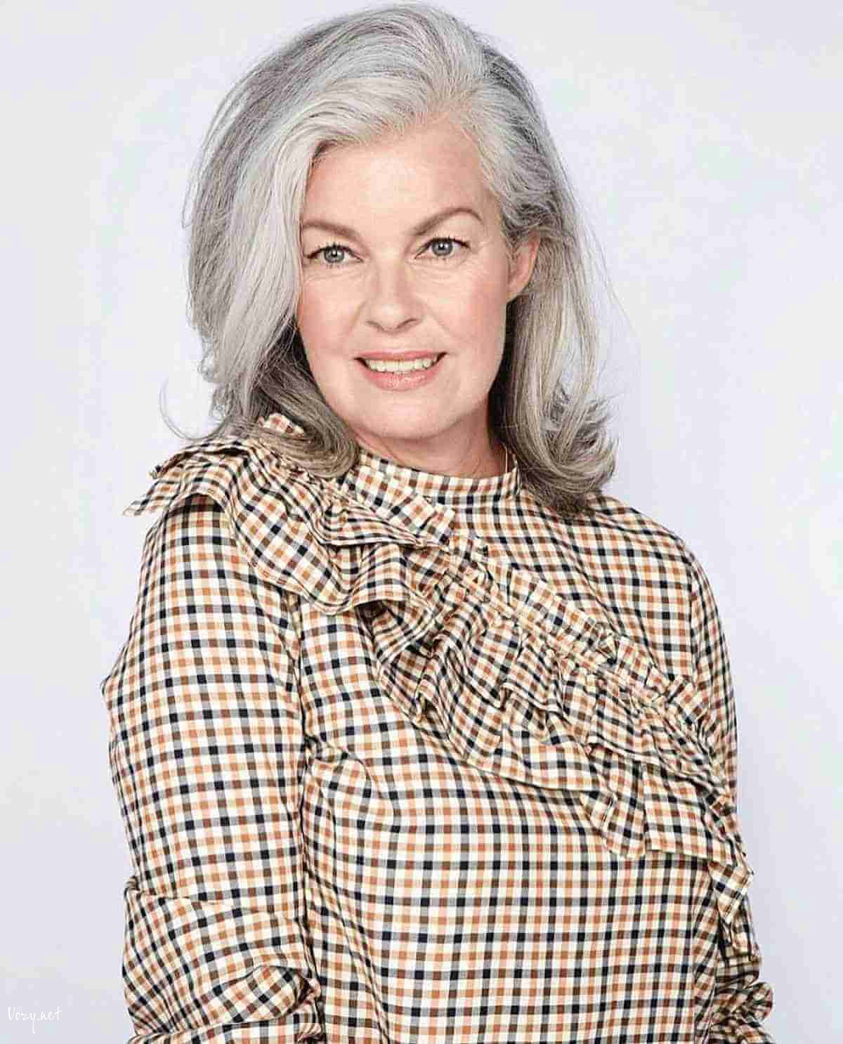 mid length grey hair with flicked ends for 50 year olds
