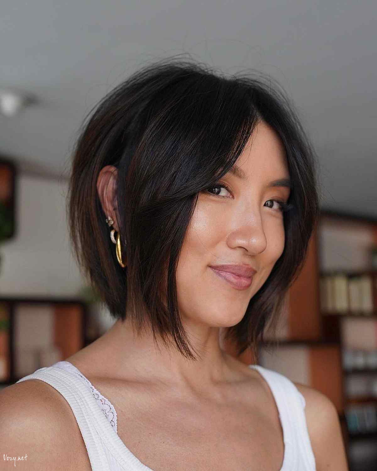 modern short blunt bob with curtain fringe