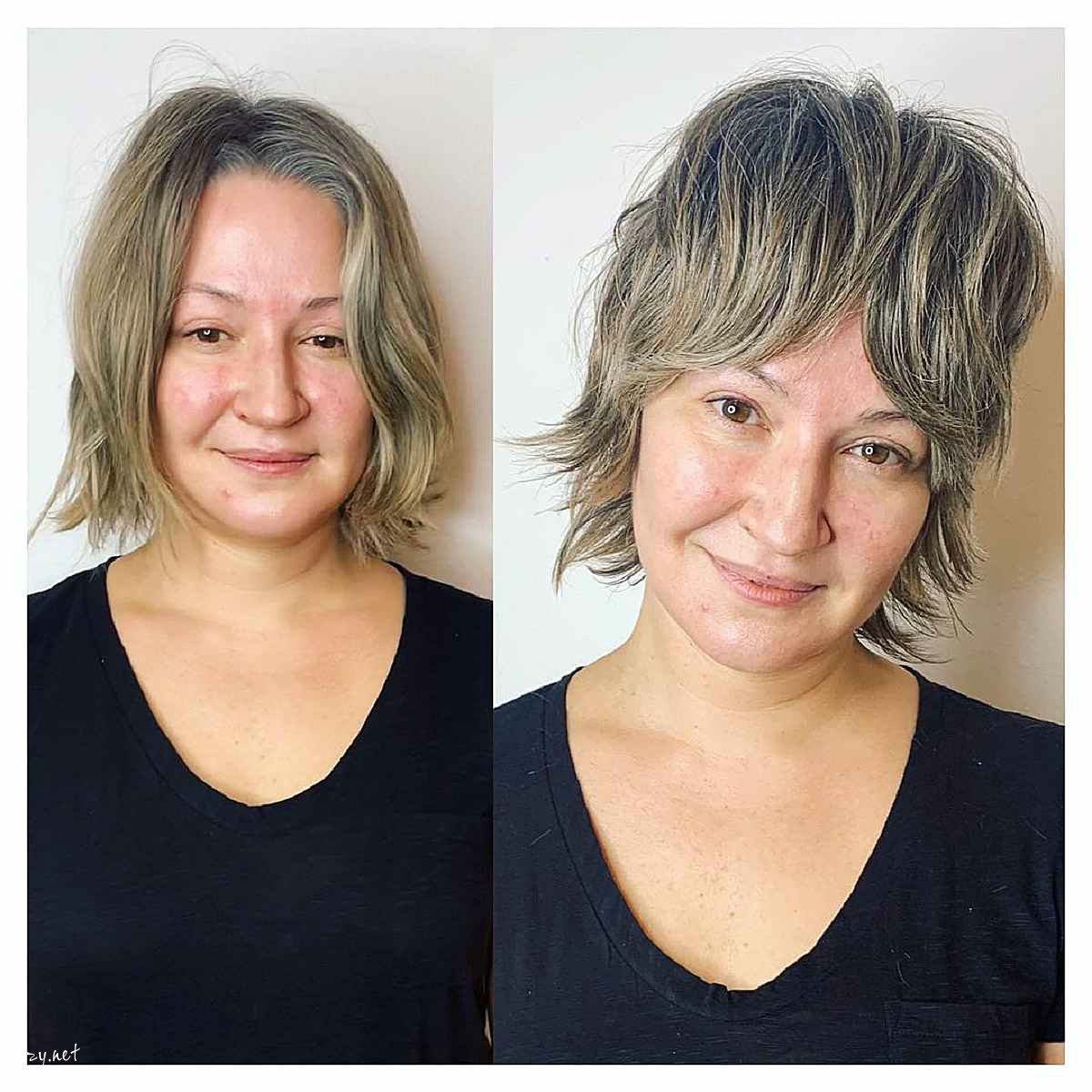 neck length shag with center parted bangs