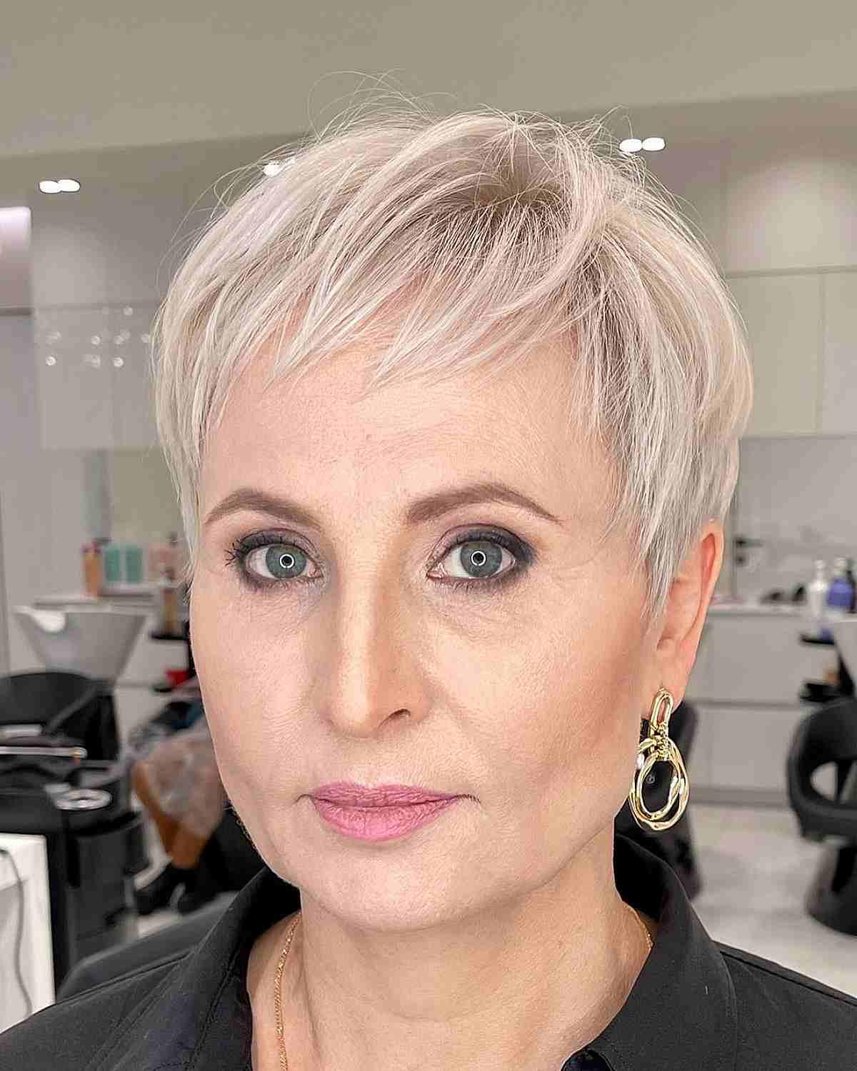 platinum blonde wispy pixie for women over 50 with thin hair