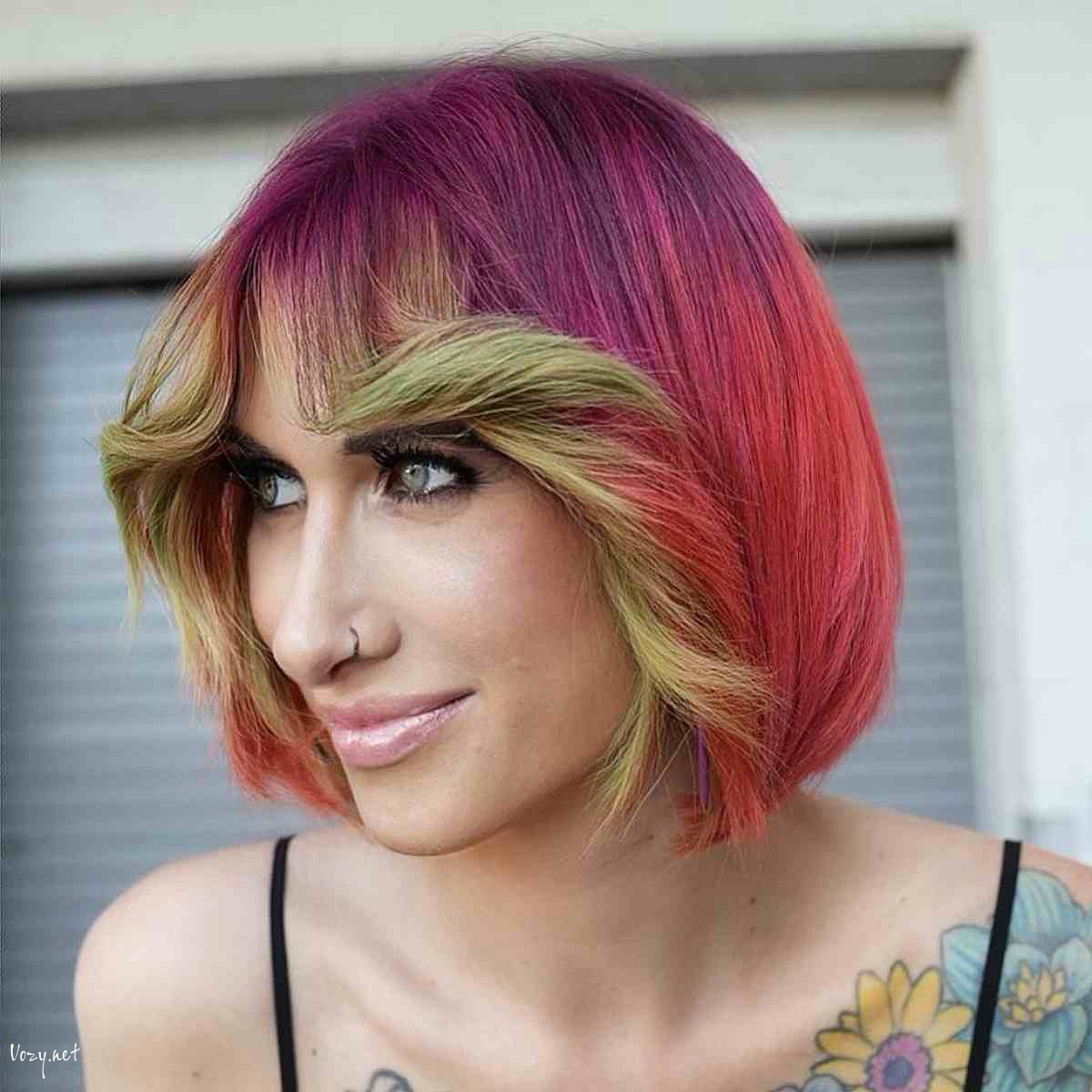 rainbow inspired bob with curtain bangs